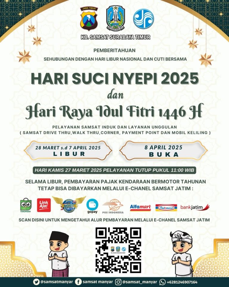 Pemberitahuan Libur Hari Raya Nyepi dan Informasi Layanan Samsat Surabaya Timur