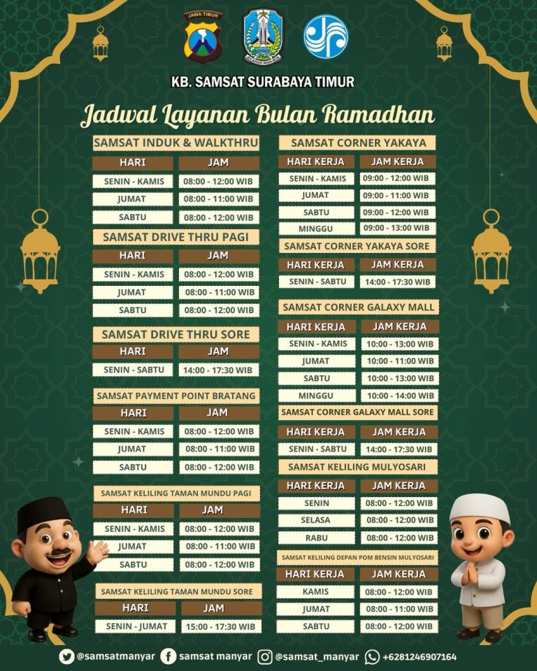 Jadwal Layanan KB Samsat Surabaya Timur Selama Bulan Ramadhan